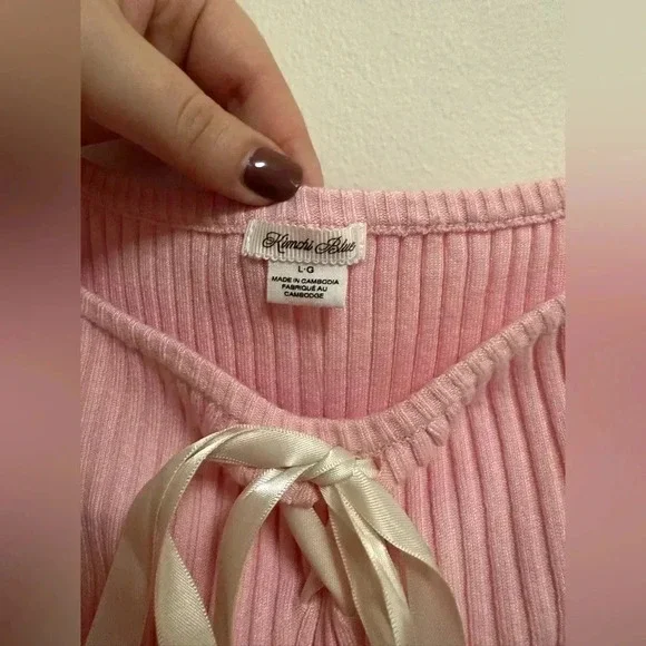 NWT - Urban Outfitters - Kimchi Blue - Pink Baby Doll Bow Ribbed Tank - Size L - Picture 3 of 8